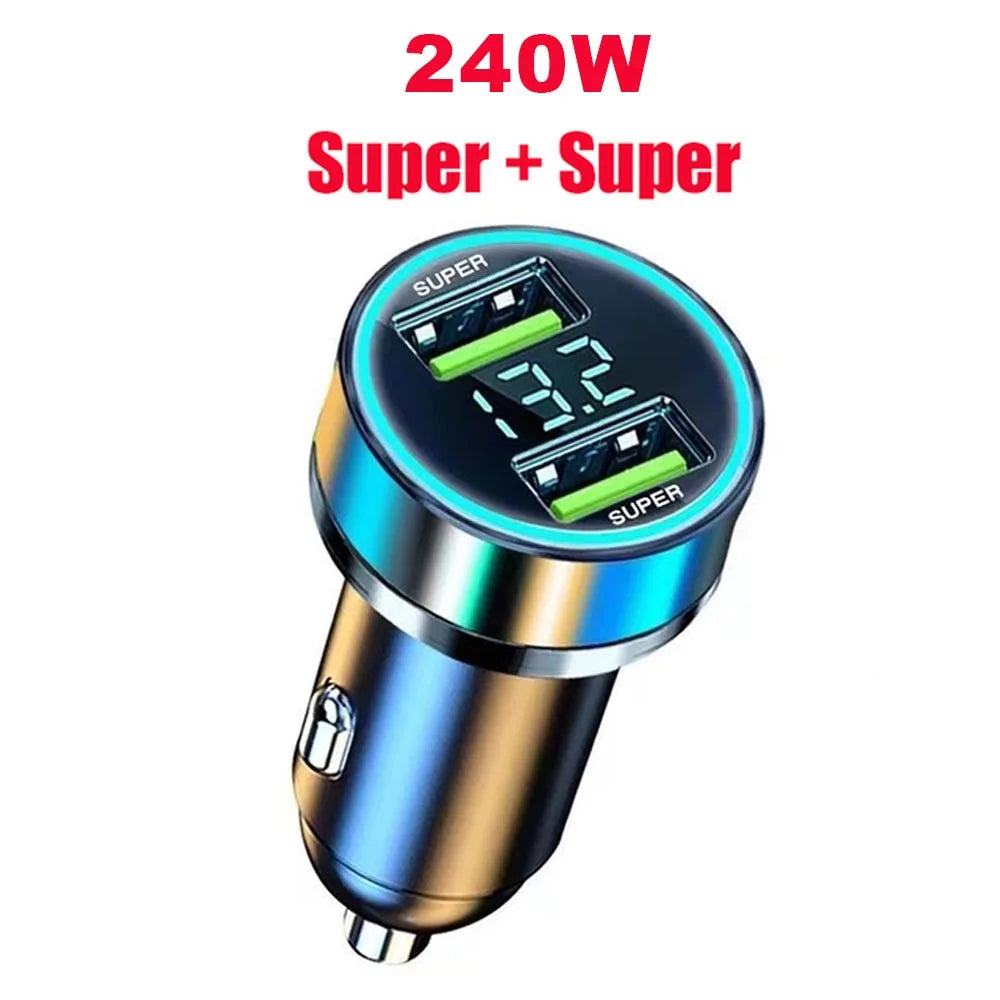 240W Car Charger Dual USB Ports 120W Super Fast Charging with Digital Display Quick Charging Adapter for Iphone Samsung Xiaomi