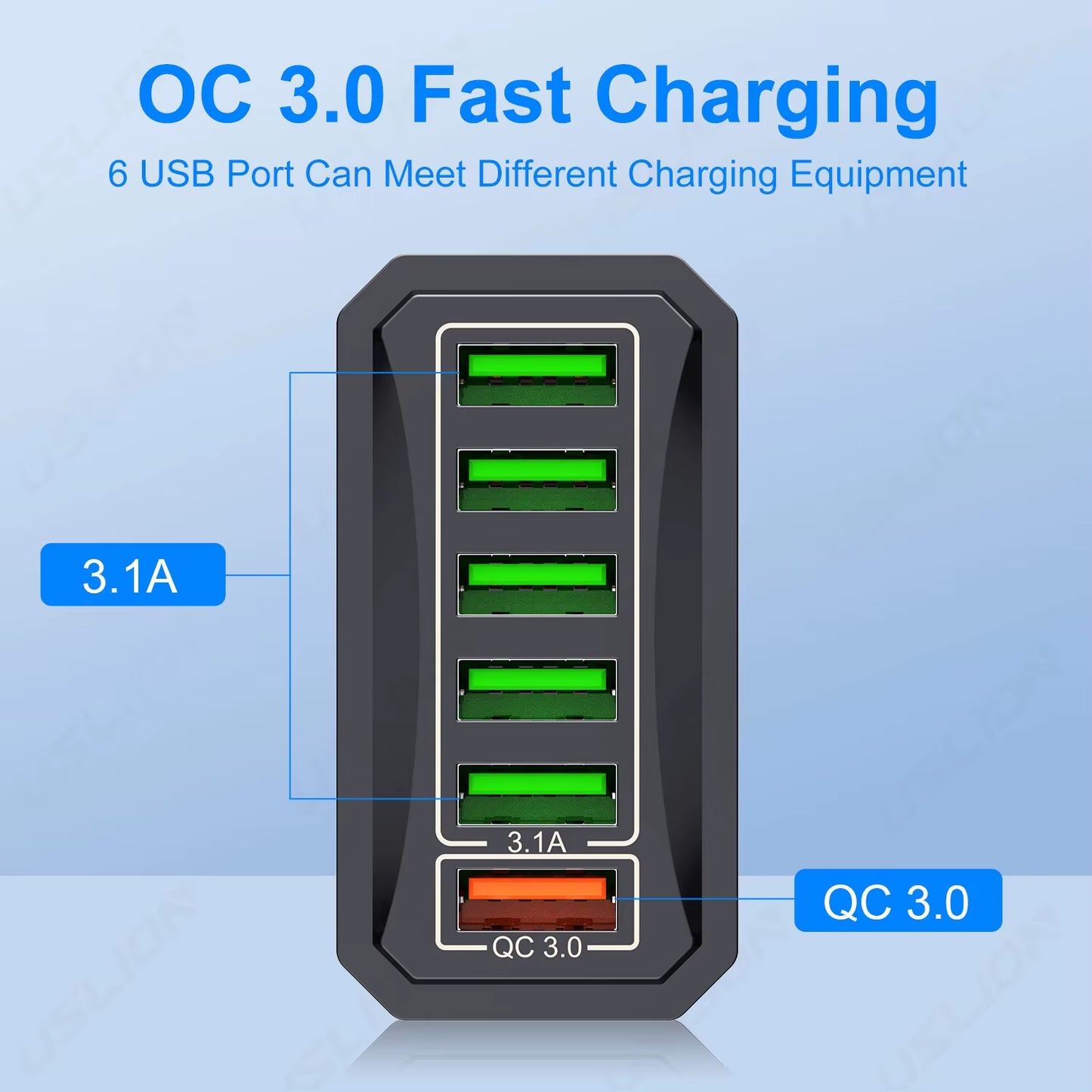6 in 1 USB Charger QC3.0 Fast Charging Quick Charger for Samsung S23 Xiaomi Mobile Phone Charge Adapter EU/KR/US/UK Plug