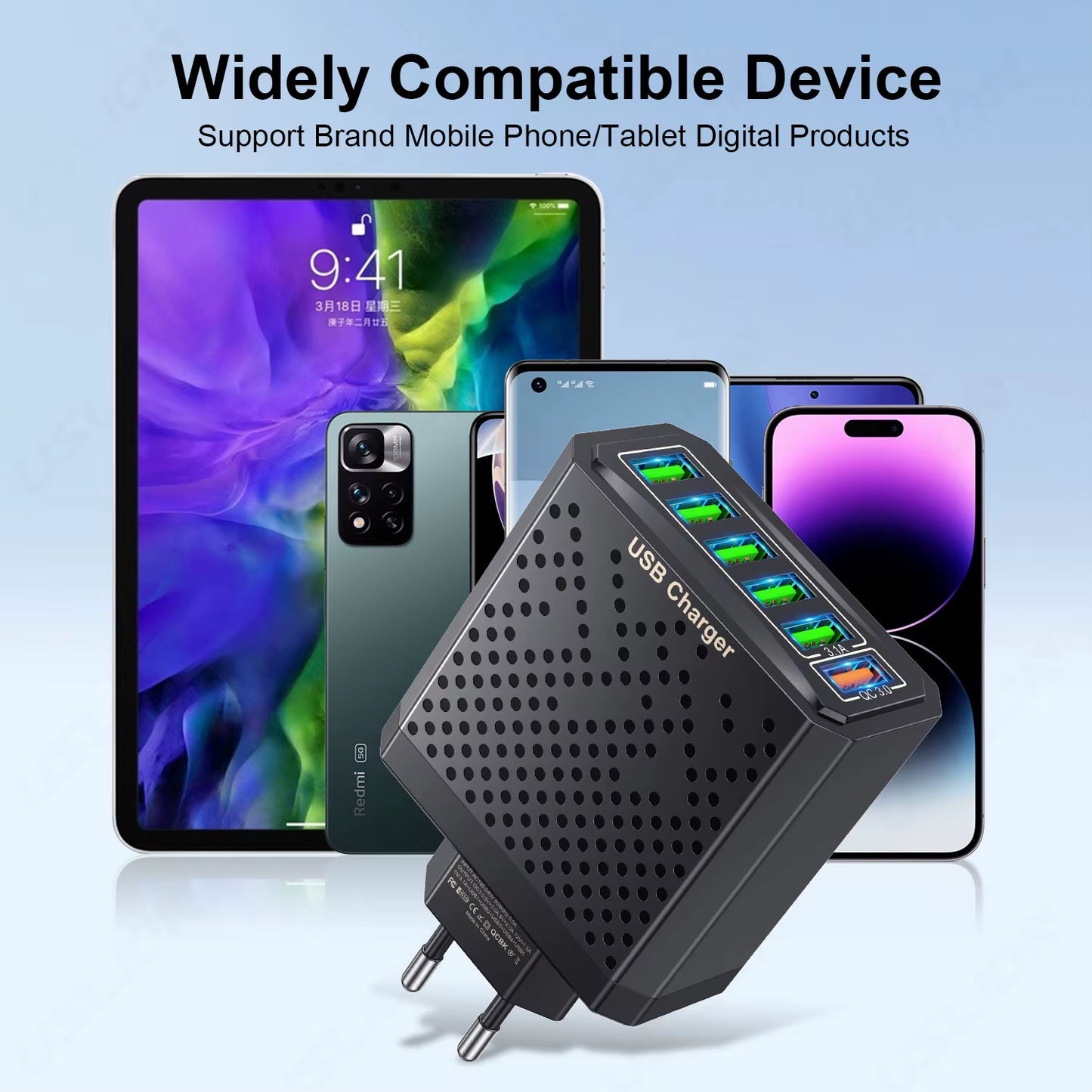 6 in 1 USB Charger QC3.0 Fast Charging Quick Charger for Samsung S23 Xiaomi Mobile Phone Charge Adapter EU/KR/US/UK Plug