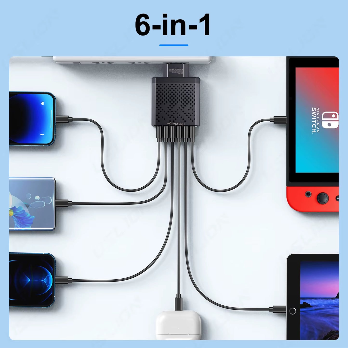 6 in 1 USB Charger QC3.0 Fast Charging Quick Charger for Samsung S23 Xiaomi Mobile Phone Charge Adapter EU/KR/US/UK Plug