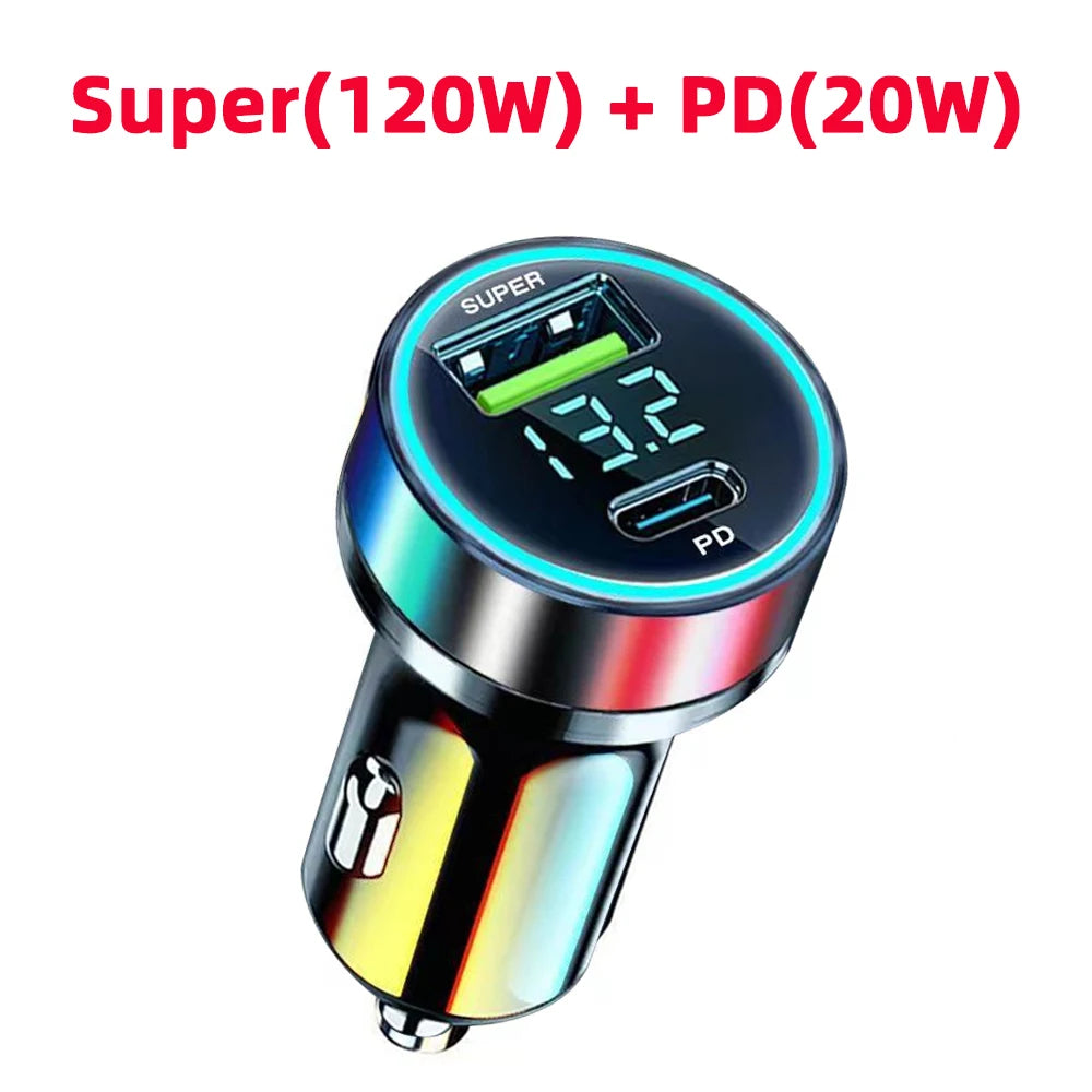 240W Car Charger Dual USB Ports 120W Super Fast Charging with Digital Display Quick Charging Adapter for Iphone Samsung Xiaomi
