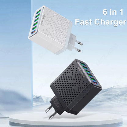 6 in 1 USB Charger QC3.0 Fast Charging Quick Charger for Samsung S23 Xiaomi Mobile Phone Charge Adapter EU/KR/US/UK Plug