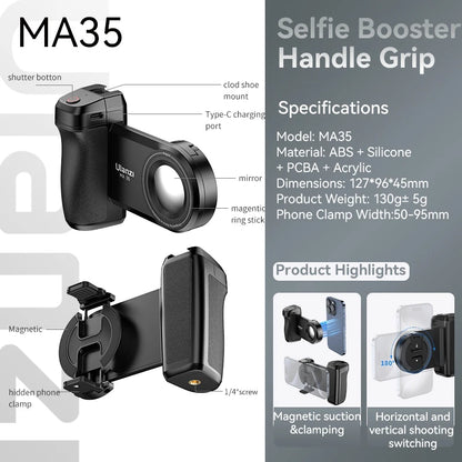 MA35 Phone Selfie Booster Handle Grip Bluetooth Photo Stabilizer Holder with Magsafe Shutter Release Iphone Mobile Stand