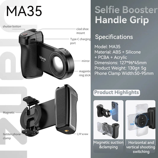 MA35 Phone Selfie Booster Handle Grip Bluetooth Photo Stabilizer Holder with Magsafe Shutter Release Iphone Mobile Stand